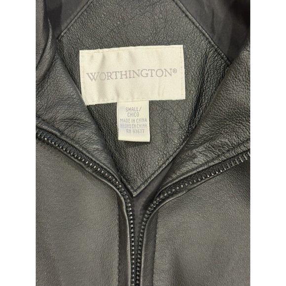 Worthington Zip Jacket Womens Small Black Genuine Leather Belted Pockets Classic - Picture 3 of 8
